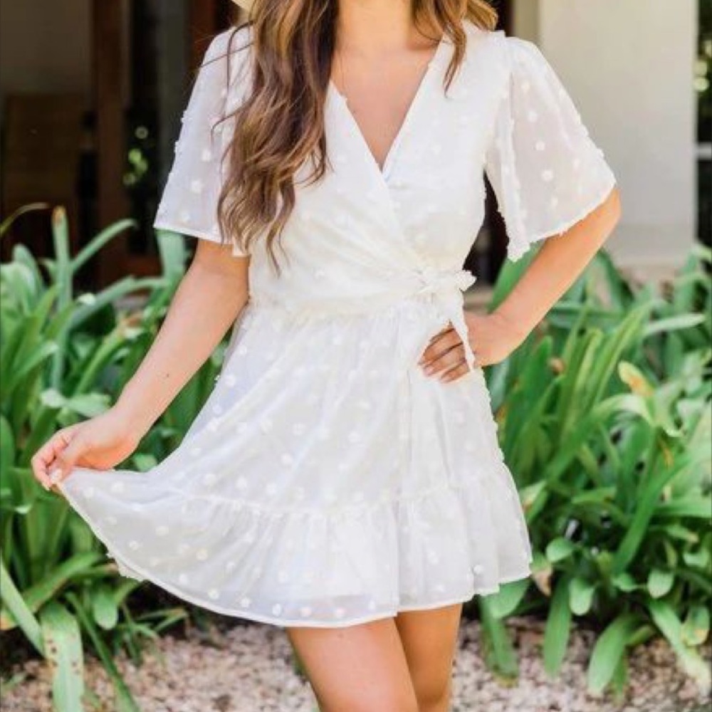 Short Sleeve Dotted Swiss Faux Wrap Mini Dress with Flutter Sleeves